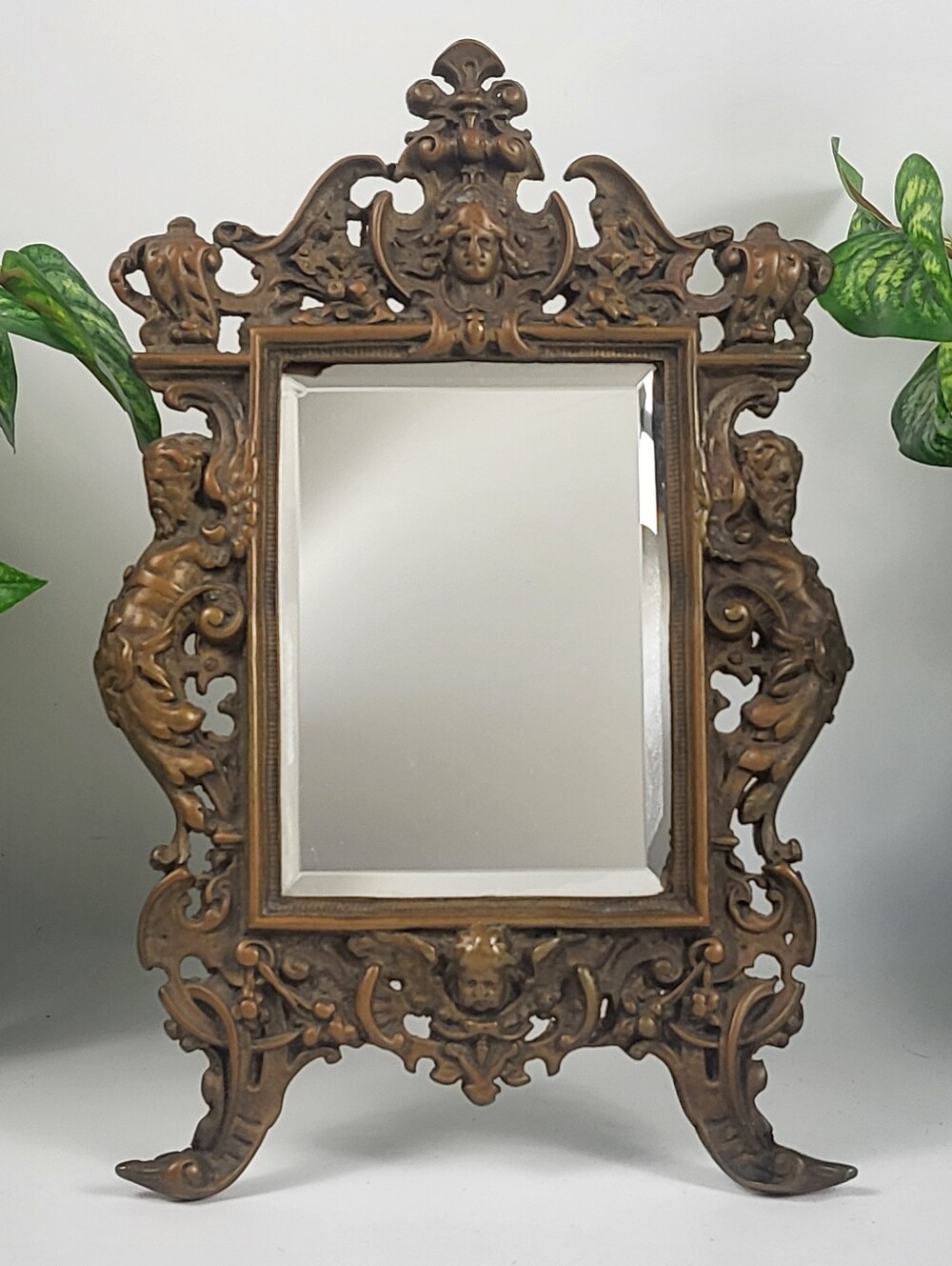 Antique Brass Mirror w/Easel- Late 19th Century High Relief Bacchus Mask Baroque